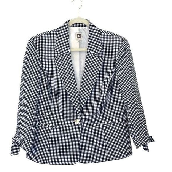Anne‎ Klein Womens Gingham Single Breasted Tie Cuffs Blazer Navy White Large - Picture 1 of 7